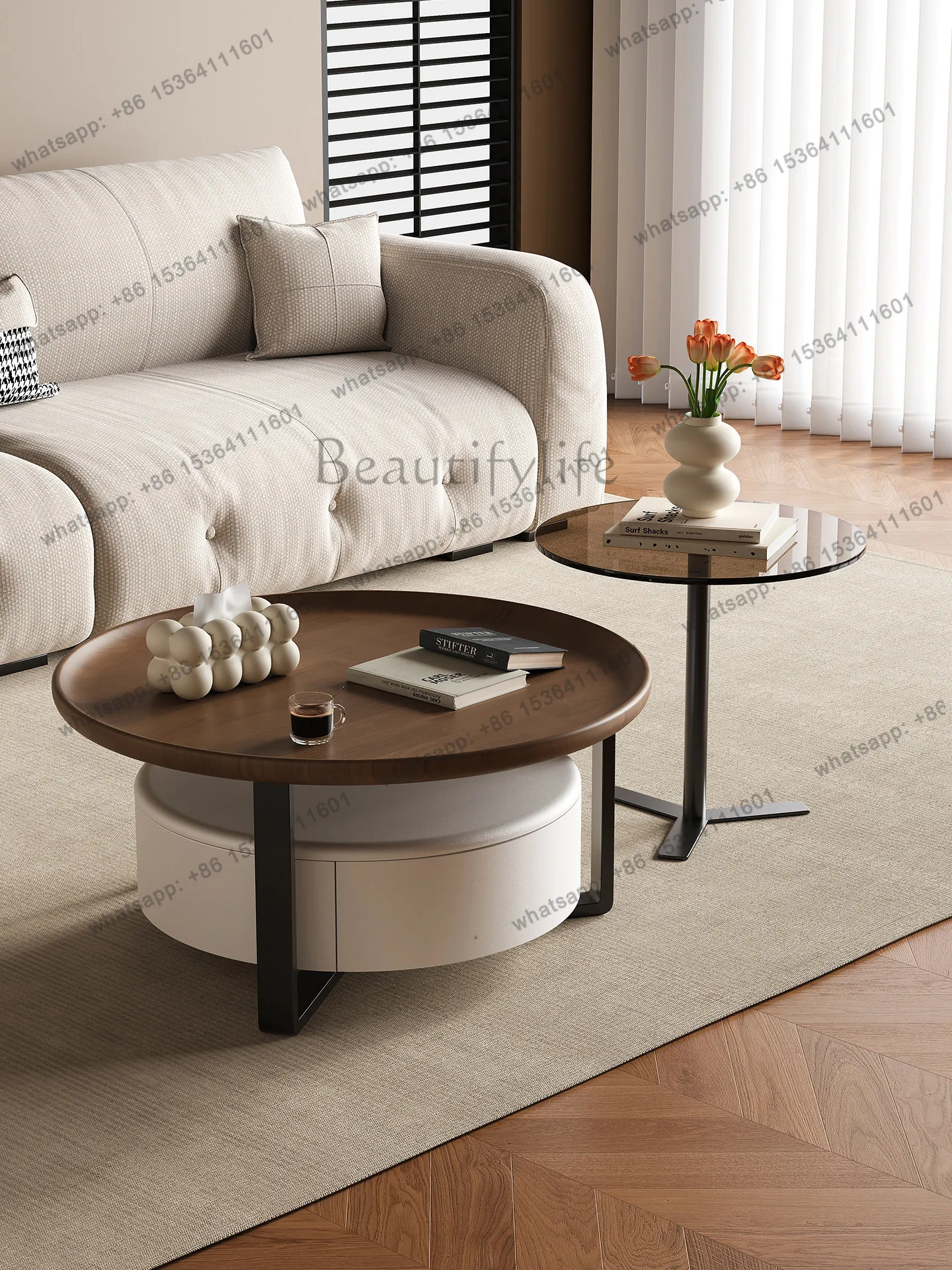 

Solid wood living room home small apartment French vintage style black walnut round coffee table combination