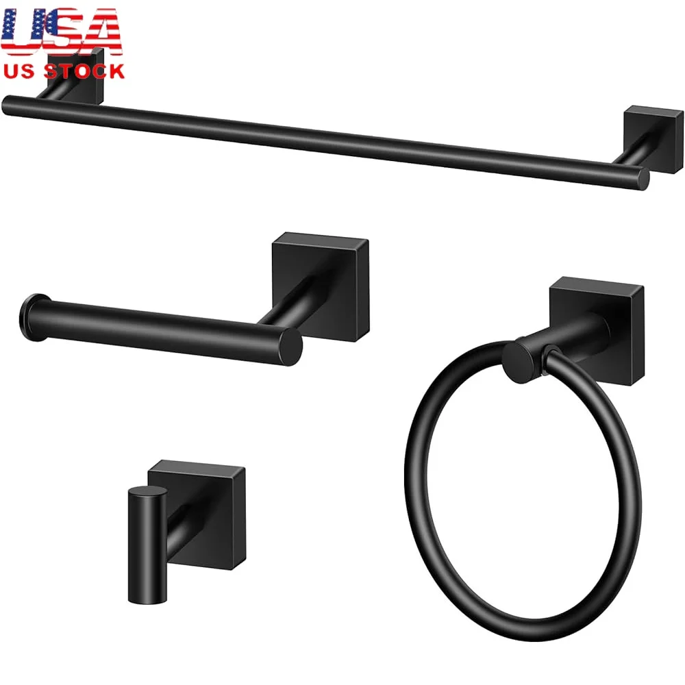 

Matte Black Bathroom Hardware Set 4 Piece Stainless Steel Towel Bar Towel Ring Toilet Paper Holder Wall Hook Collection