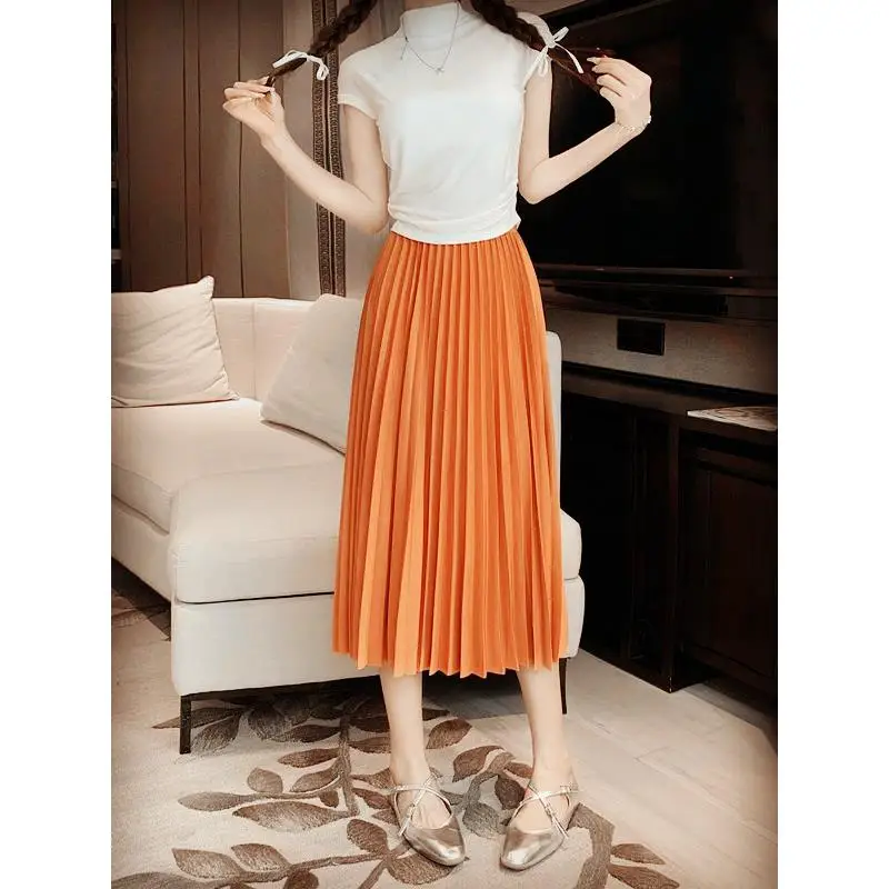 Mat Texture New Pleated High Waist Skirt Women's Simple Sle New Model Ciwalk Polyester Fiber H-Line Autumn Season