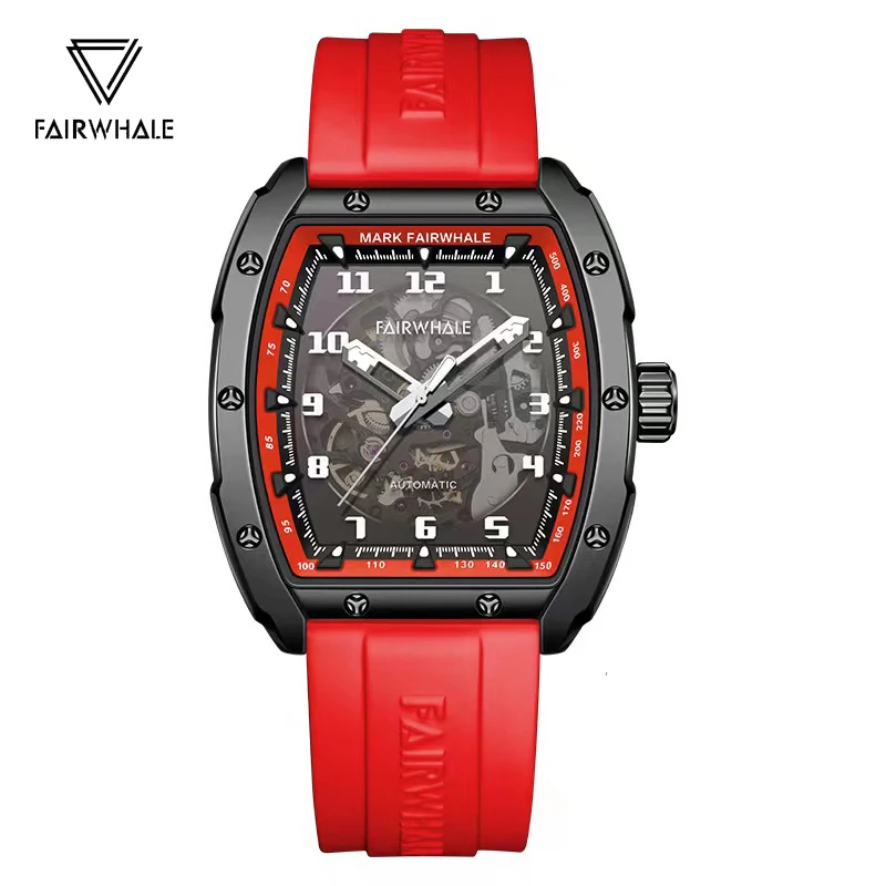 

Top brand Mark Fairwhale Mechanical Mens Watch Casual Tonneau Sport Silicone Strap Fashion Tourbillon Men Automatic Wristwatches