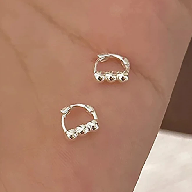 Real 925 Sterling Silver Mini Bead Geometric Hoop Earrings for Charm Women Trendy Fine Jewelry Minimalist Accessories