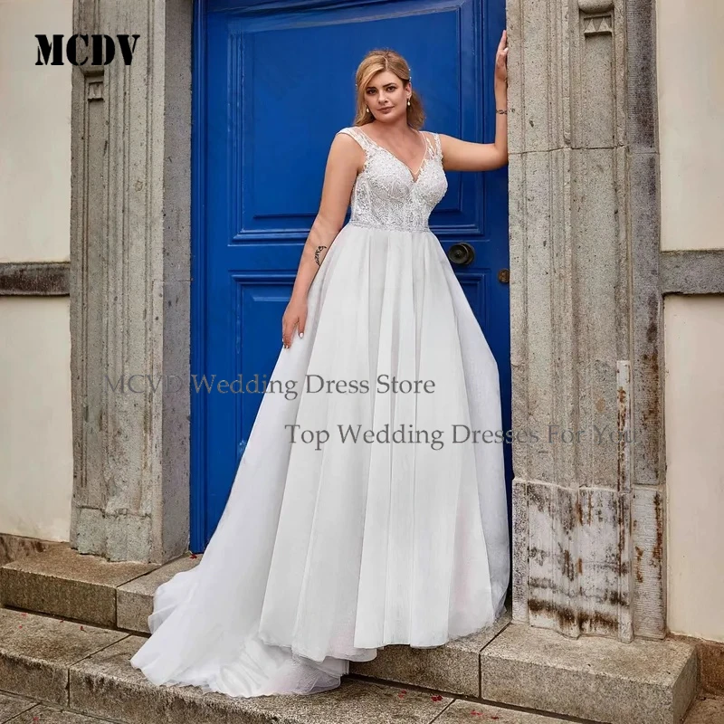 

MCDV Plus Size Civil Wedding Dress for Women Applique V Neck Bride Gowns Cap Sleeves A Line Robe De Mariée Customized