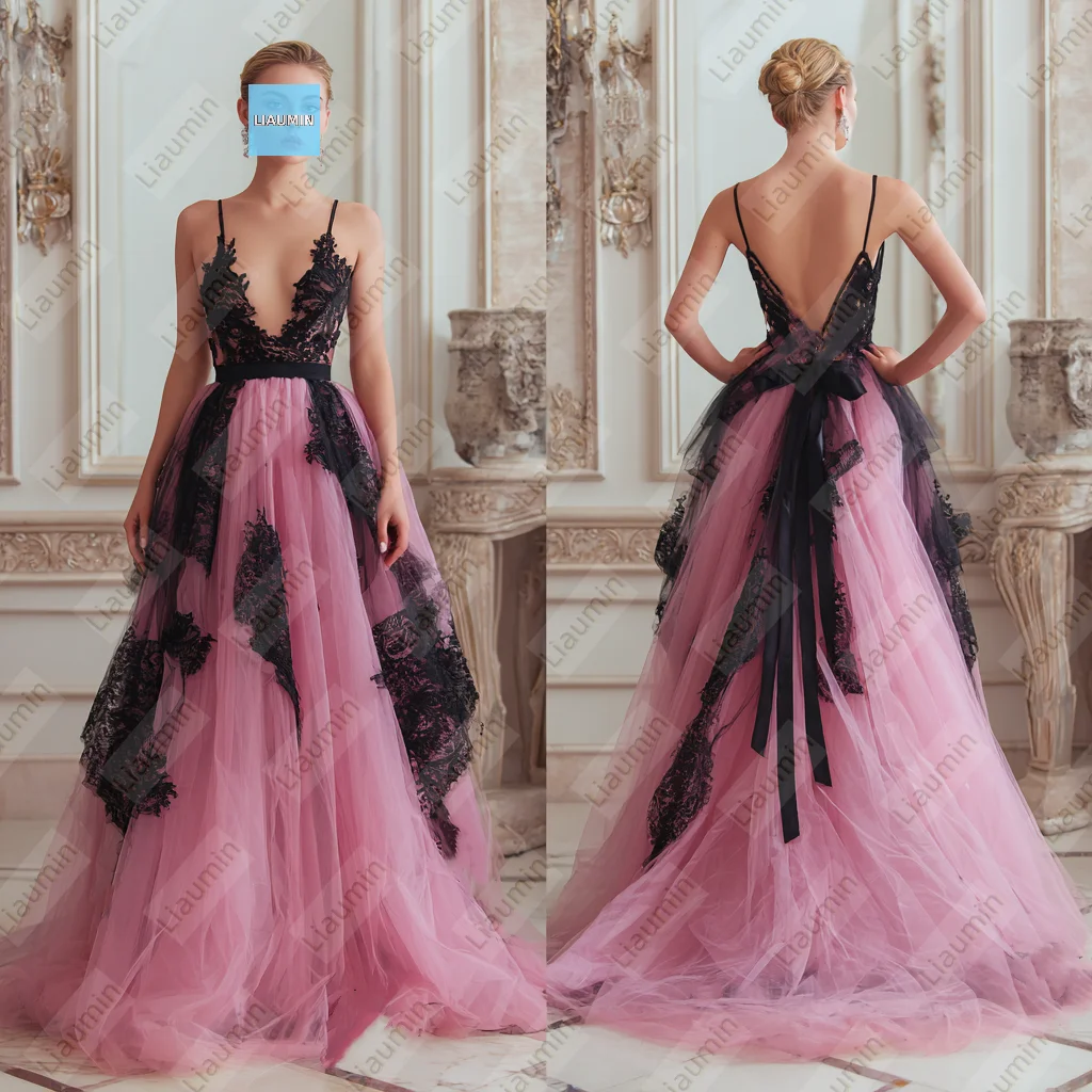 

Pink Tulle V Neck Black Lace Applique Spaghetti Straps Evening Prom Wedding Formal Dress Backless Hand Made Customized A7-1.26