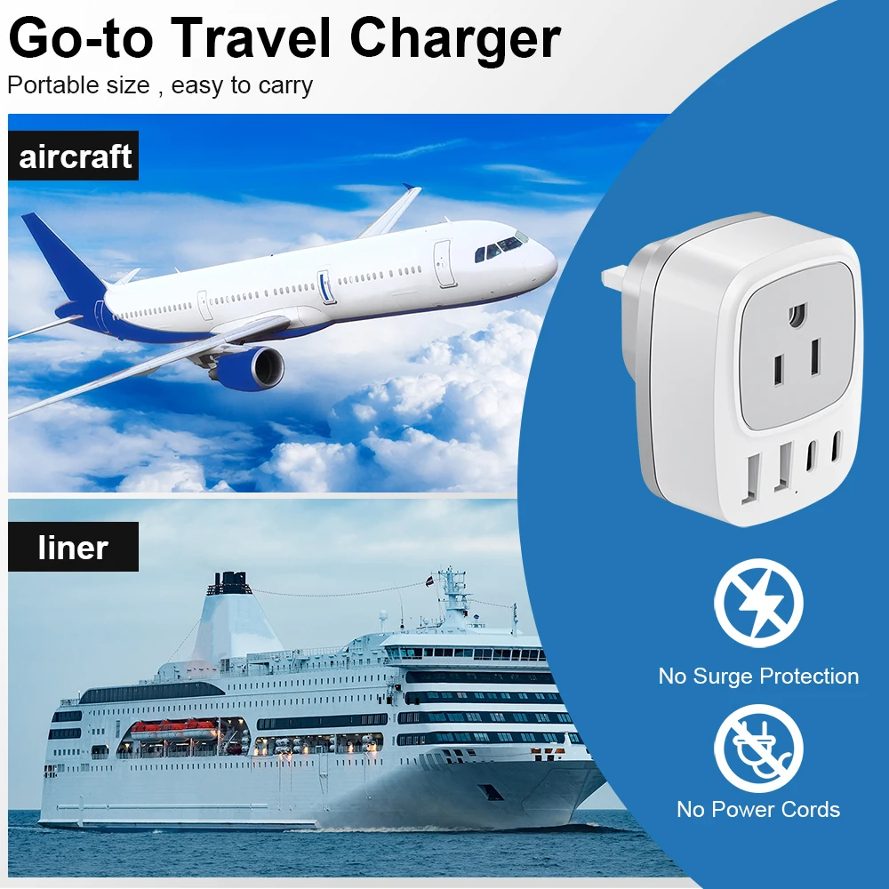 KOSHARE US to UK Travel Adapter Plug Outlet Expander Wall USB Charger with 1 AC Outlet 2 USB Whit 2 Type-C Ports Travel Adapter