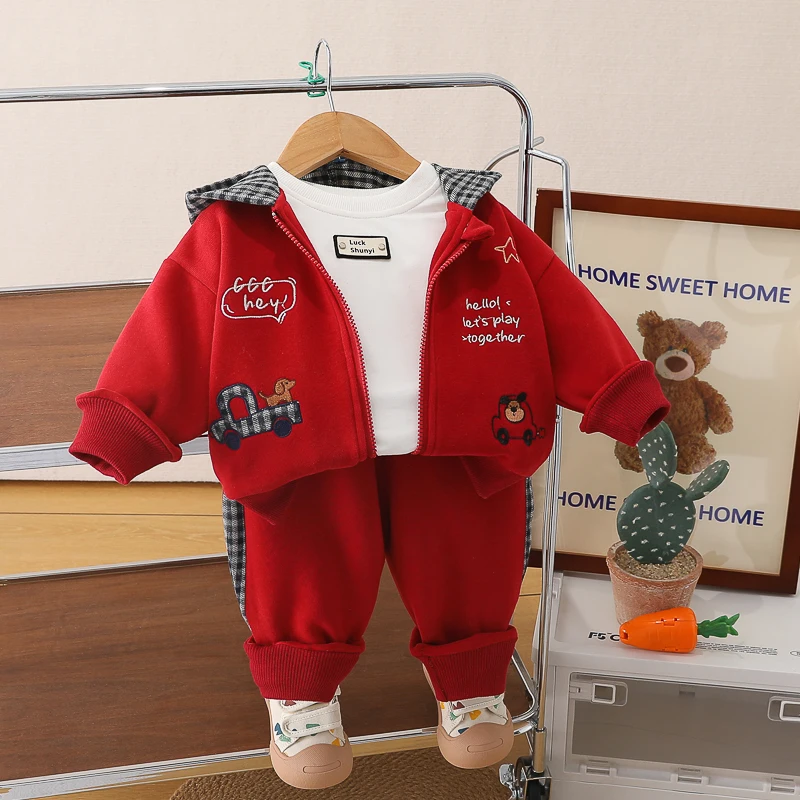 かわいいクマの漫画柄男の子用春秋スポーツジッパーフーディ3点セット、通気性抜群の快適なコットン素材の子供服