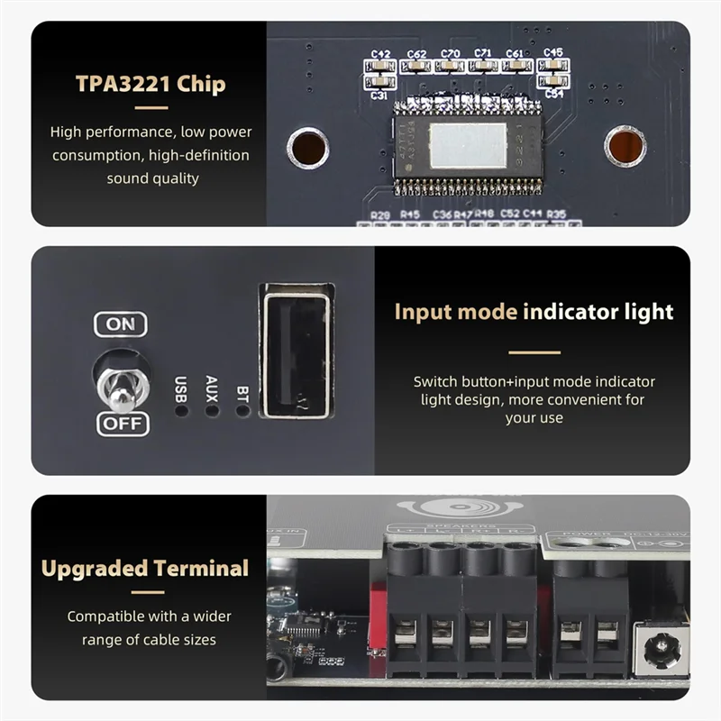 

Практичная плата усилителя T100HS-W Bluetooth 5.2 TPA3221 Усилитель Bluetooth с передней панелью