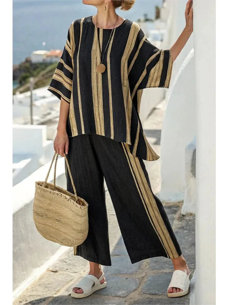 Conjunto informal holgado de 2 piezas con estampado para mujer, jersey con cuello redondo y pantalones de pierna ancha, conjuntos de ropa bohemia de vacaciones para mujer