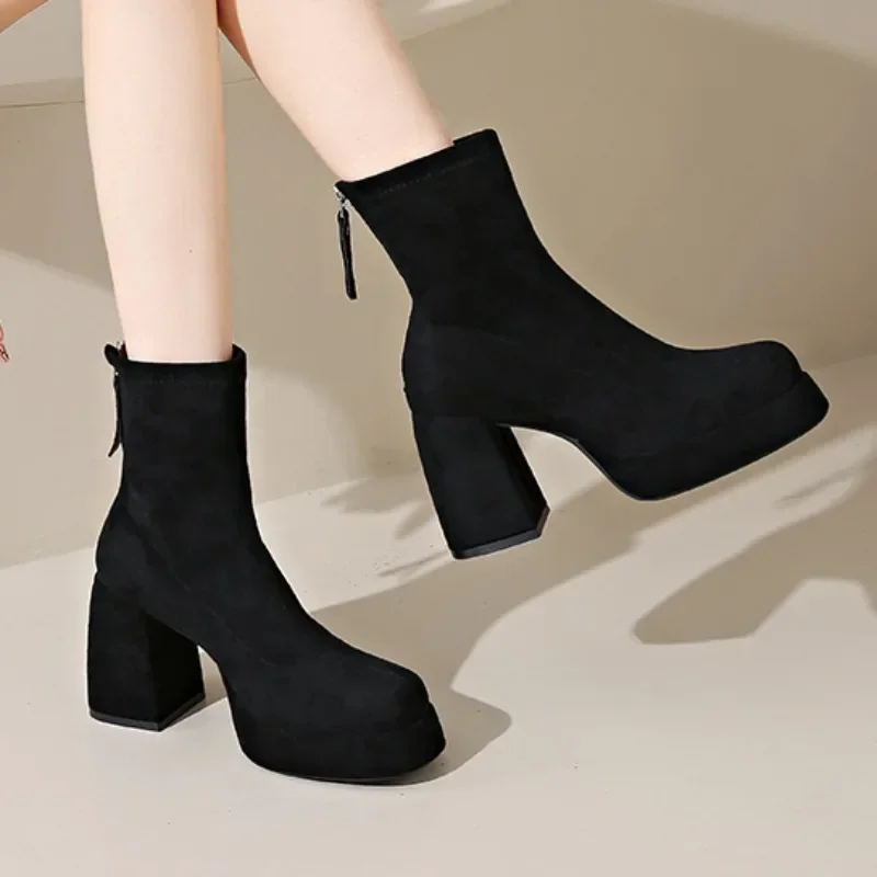 

Suede Super High Heels Women Boots Ankle Chelsea Shoes New Winter Chunky Dress Shoes Party Elegant Pumps Goth Botas Mujer