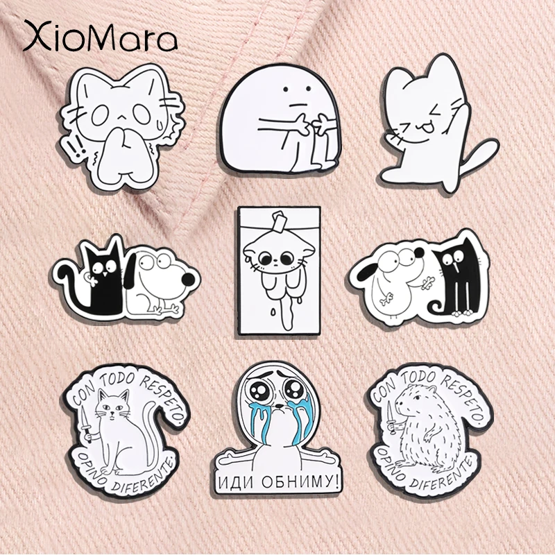 Minimalist Line Cartoon Enamel Pins Comic Dog Crying Man Anxiety Mood Cat Brooches Hug Yourself Badge Jewelry Gifts for Friends