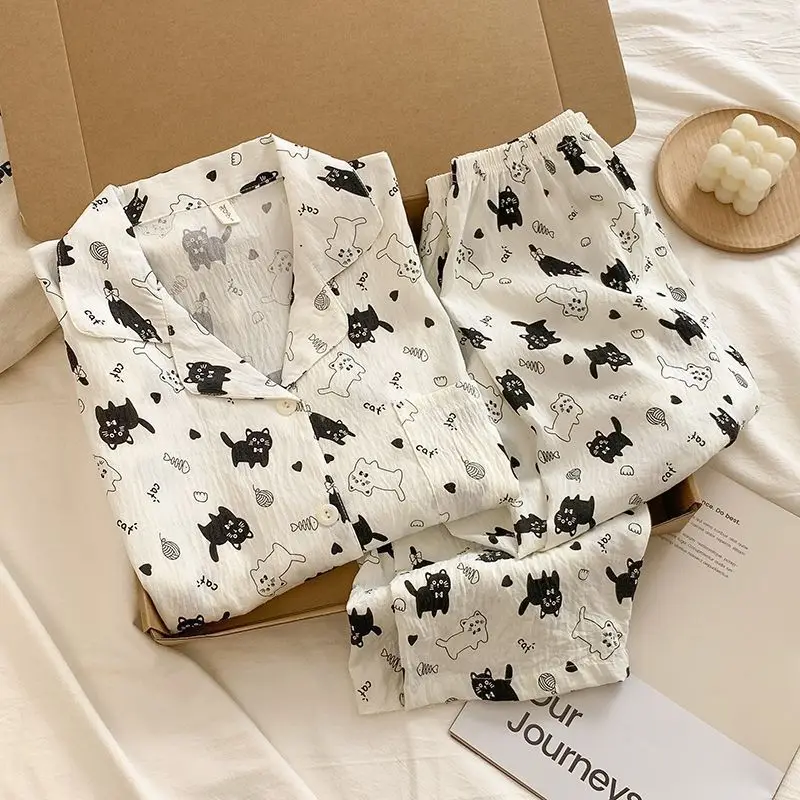 

Cute Black White Cat Pajama Sets 2026 Light Cotton PJ Set Y2K Women Sleepwear Kawaii Christmas PJS Long Sleeves Button Homewear