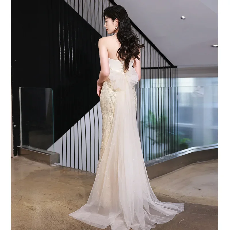 Women Bow Long Mermaid Evening Dress Celebrity Formal Champagne Tube Top Prom Gowns robes de soirée