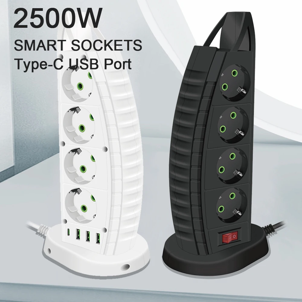 EU Plug AC Outlet Multitap Desktop Power Strip Electrical Extension Cord Socket with USB Type-C Ports Multiprise Network Filter