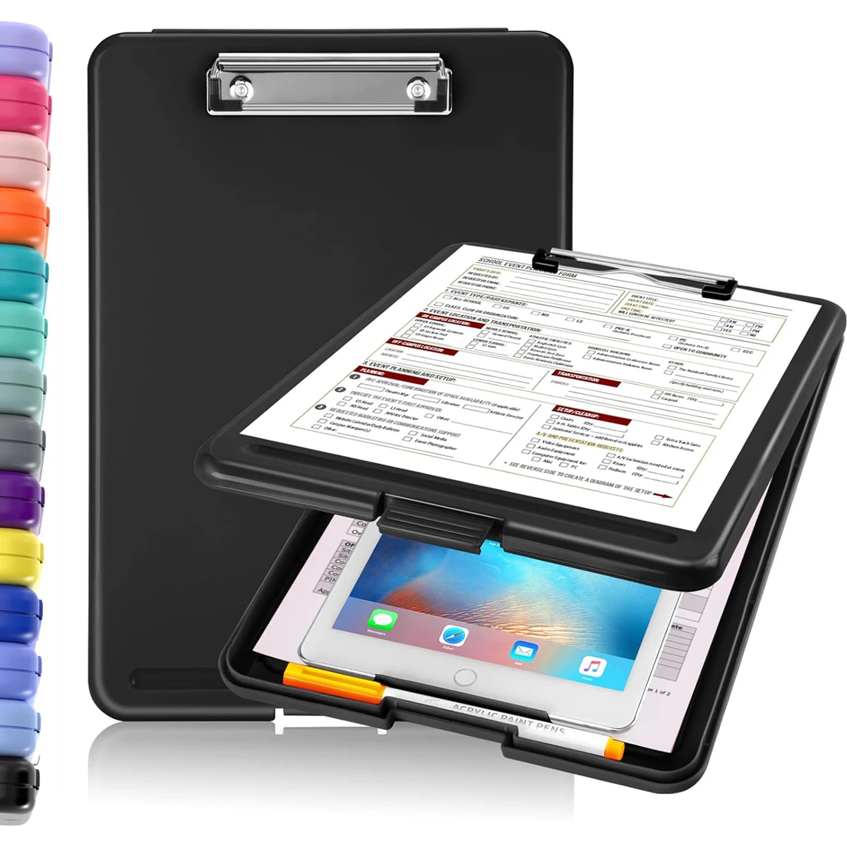 Clipboard with Storage with Low Profile Clip, 9.5 x 13 Inch Sturdy Portable Writing Board, Foldable