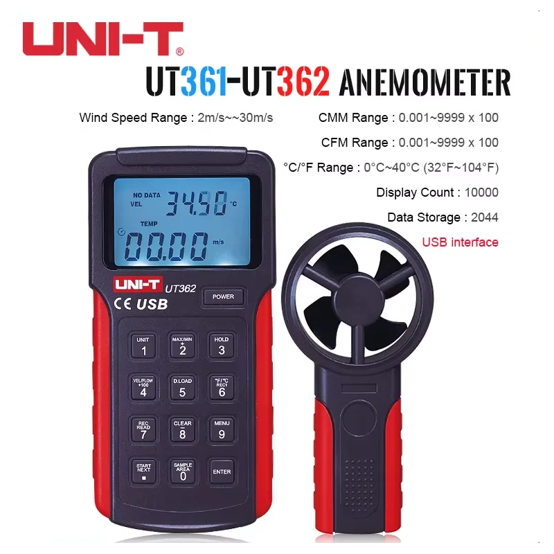 UNI-TProfession Digital Wind Speed Meter UT361UT362 LCDBacklight WindDetectorTachometer Anemoscope 2-30m/s Split Type Anemometer