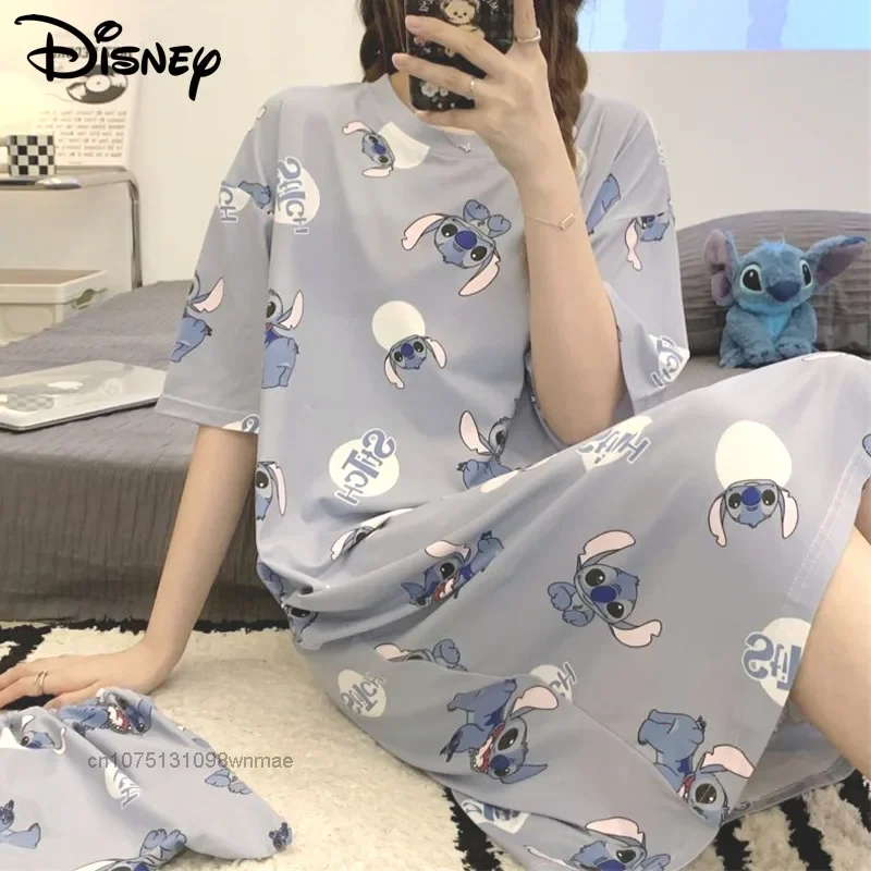 

Длинная летняя пижама Disney Stitch Y2k, женская Свободная Повседневная Ночная рубашка, милая мультяшная одежда для сна для студентов