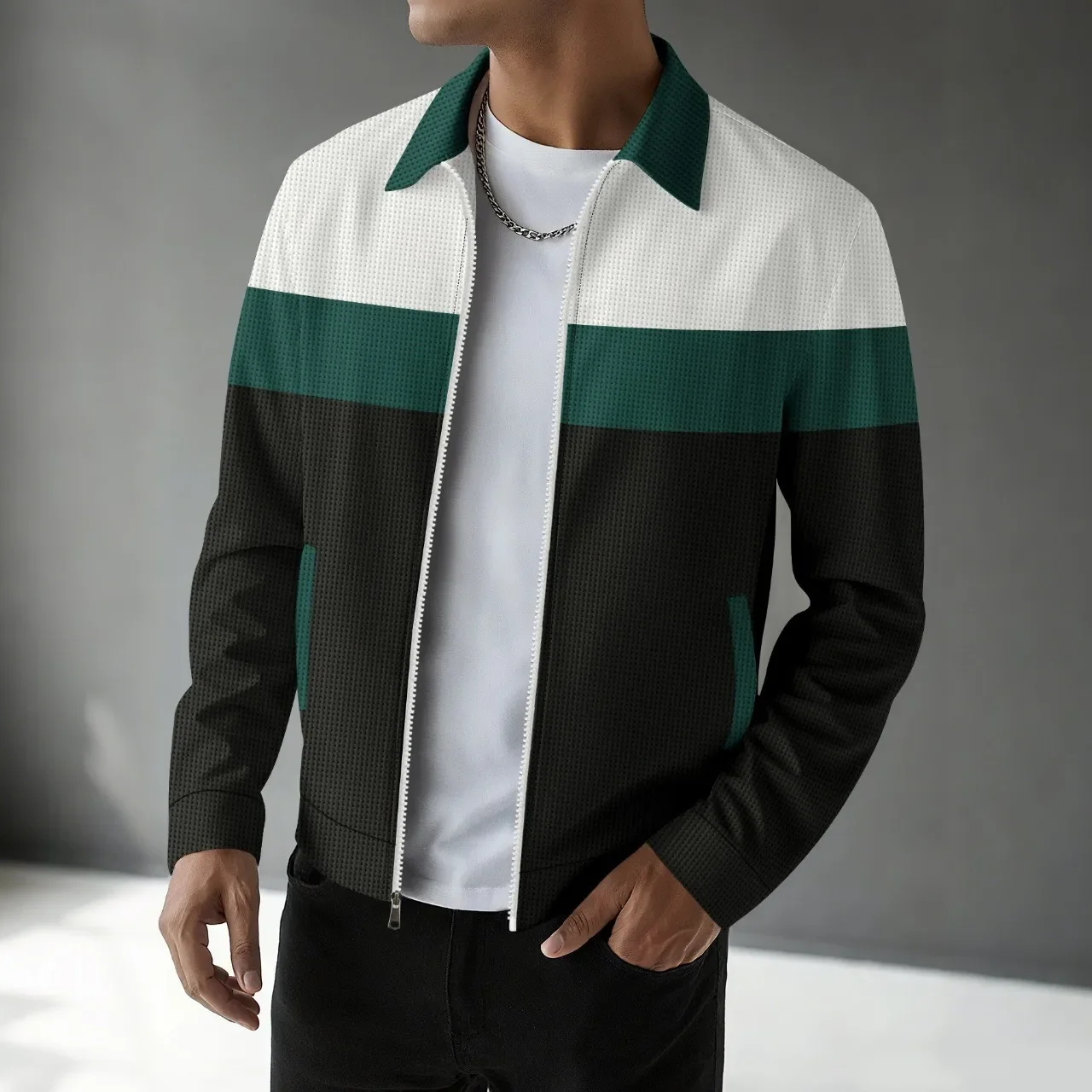 

Men's Hip Hop Style Zipper Pocket Collar Jacket Autumn Outerwear Color Block Slim Fit Cardigan Coat Casual Fashion