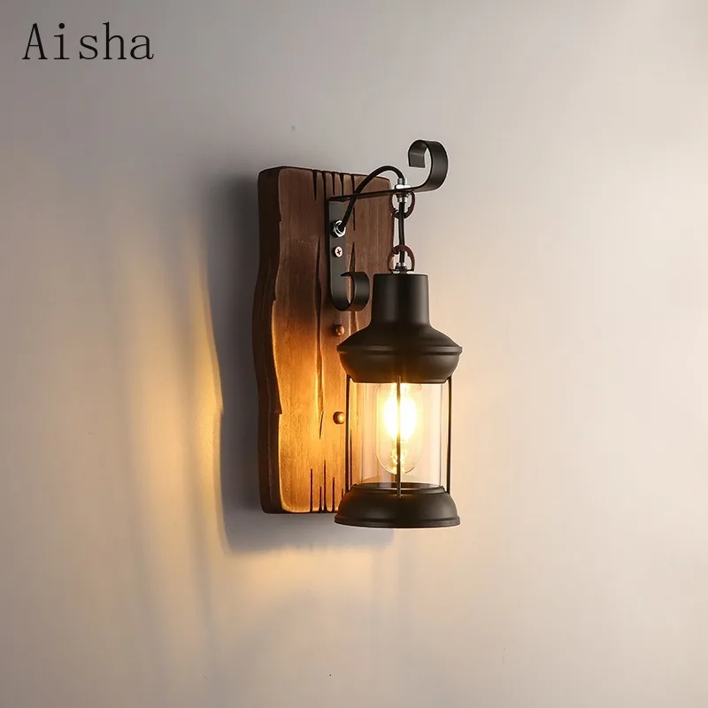 American Retro LOFT Solid Wood Wall Lamp Industrial Creative Personality Bar Nostalgic Coffee Shop Restaurant Decorative Sconces