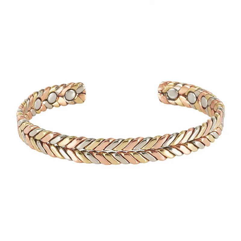 Modische Armbänder aus reinem Kupfer, dreifarbig gewebte Manschetten-Magnetarmreifen für Damen und Herren, Arthritis-Gesundheit, massiver Kupferschmuck – Detail 5