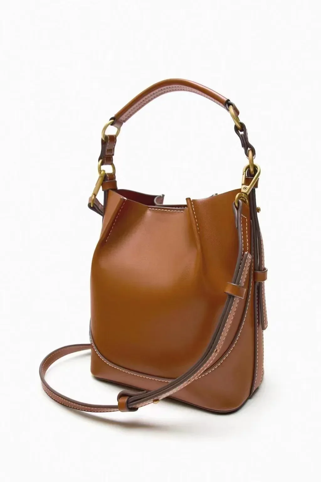 2024 New ZA Women\'s Bag Brown Pleated Bundle Mouth Carrying Bucket Bag Wide Shoulder Strap Crossbody Bag Bag Women All Match