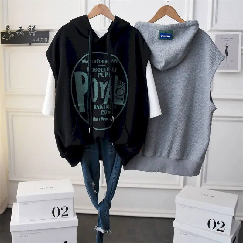 

Casual Hooded Vest Coat Women Black White Striped Sleeveless Hoodies Fashion Loose Zipper Cardigan Waistcoat Jackets Womens Tops