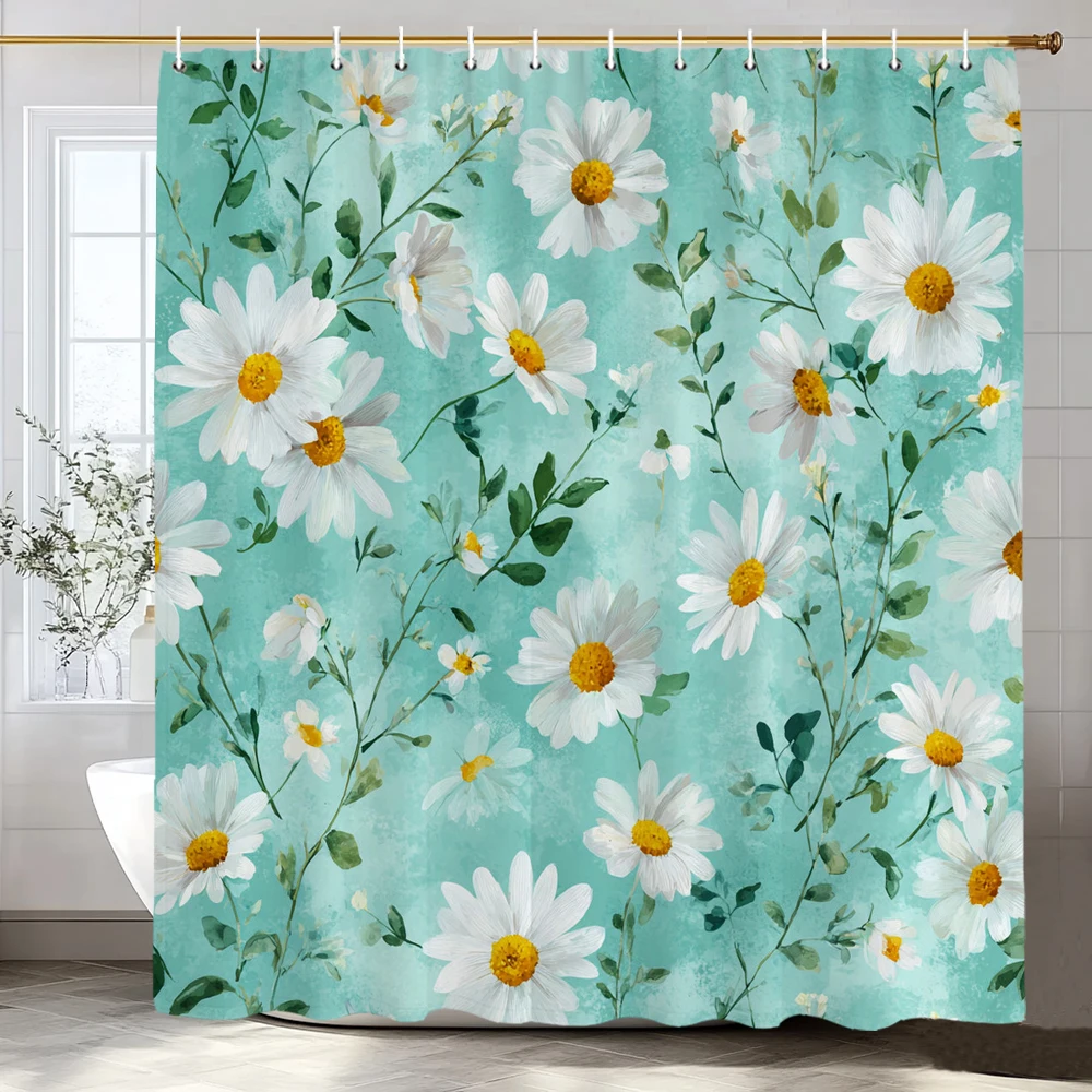 

Занавеска для душа с белыми цветами ромашки, декоративная занавеска для душа для ванной комнаты с цветочным рисунком, занавеска из полиэфирной ткани с принтом и крючками