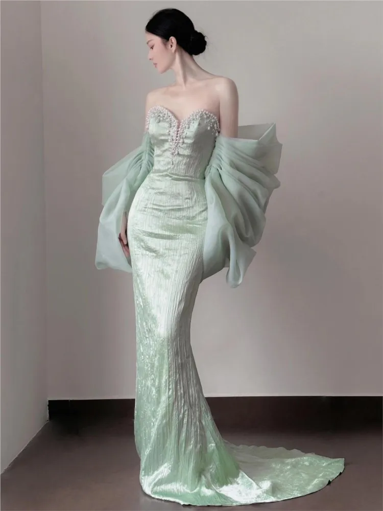 Green birthday party off-the-shoulder knot toasting dress