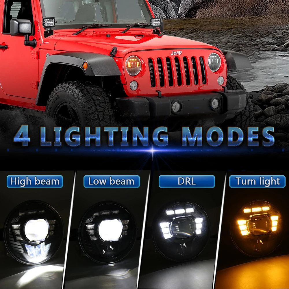 OVOVS 7 Inch Round LED Headlight High Low Beam DRL Amber Turn Signal RHD Headlamp for Jeep Wrangler JK TJ CJ LJ Hummer Toyota