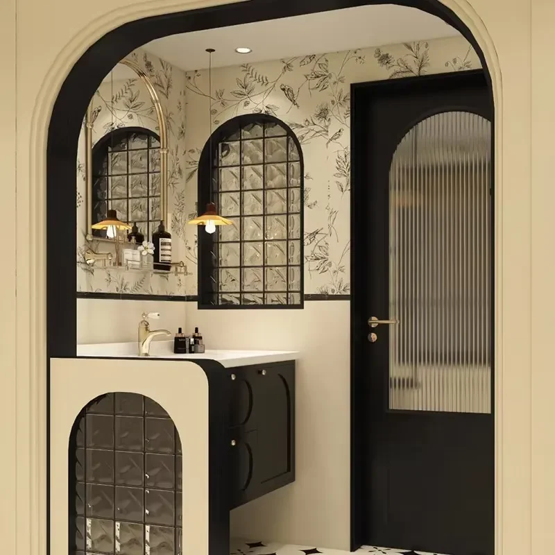 STLF Black French Retro Wall-Mounted Arched Mirror Bathroom Cabinet Combo Rubber Wood Baked Lacquer Stone Slab Seamless