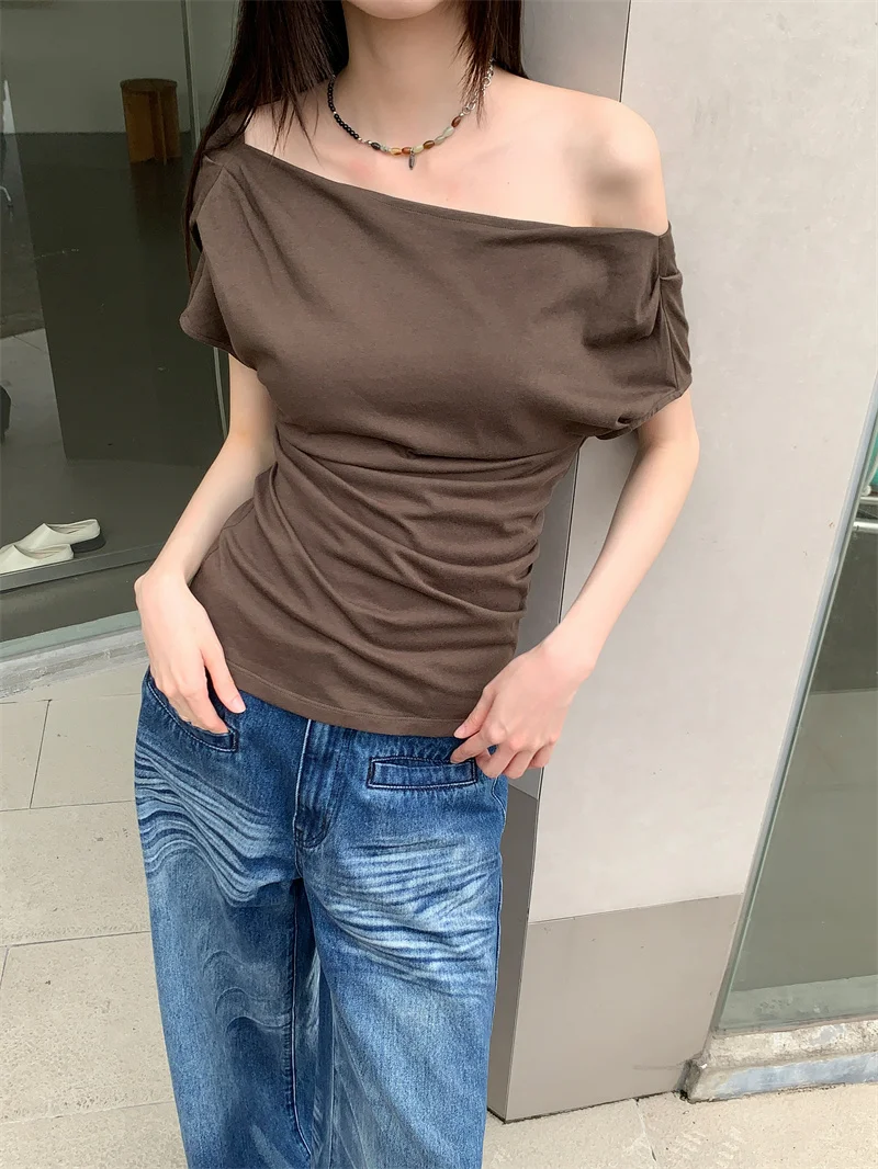 CHEERART Brown Off The Shoulder Top Women Summer Short Sleeve T Shirt Solid Casual Top Ruched Skew Neck Casual Top