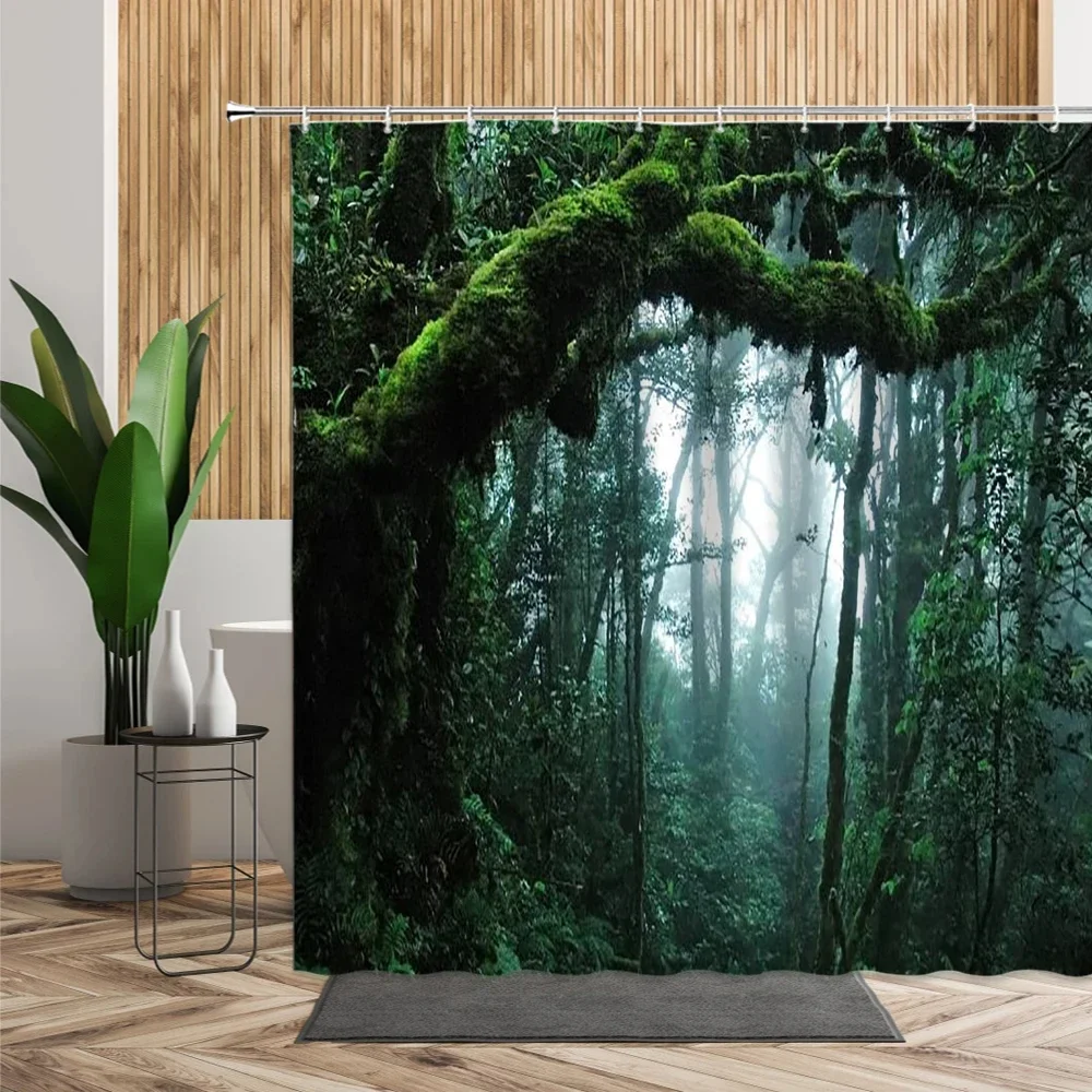 Tropical Forest Natural Scenery Waterproof Shower Curtain Green Trees Moss Deep Forest Bathroom Partition Screen Bath Curtain