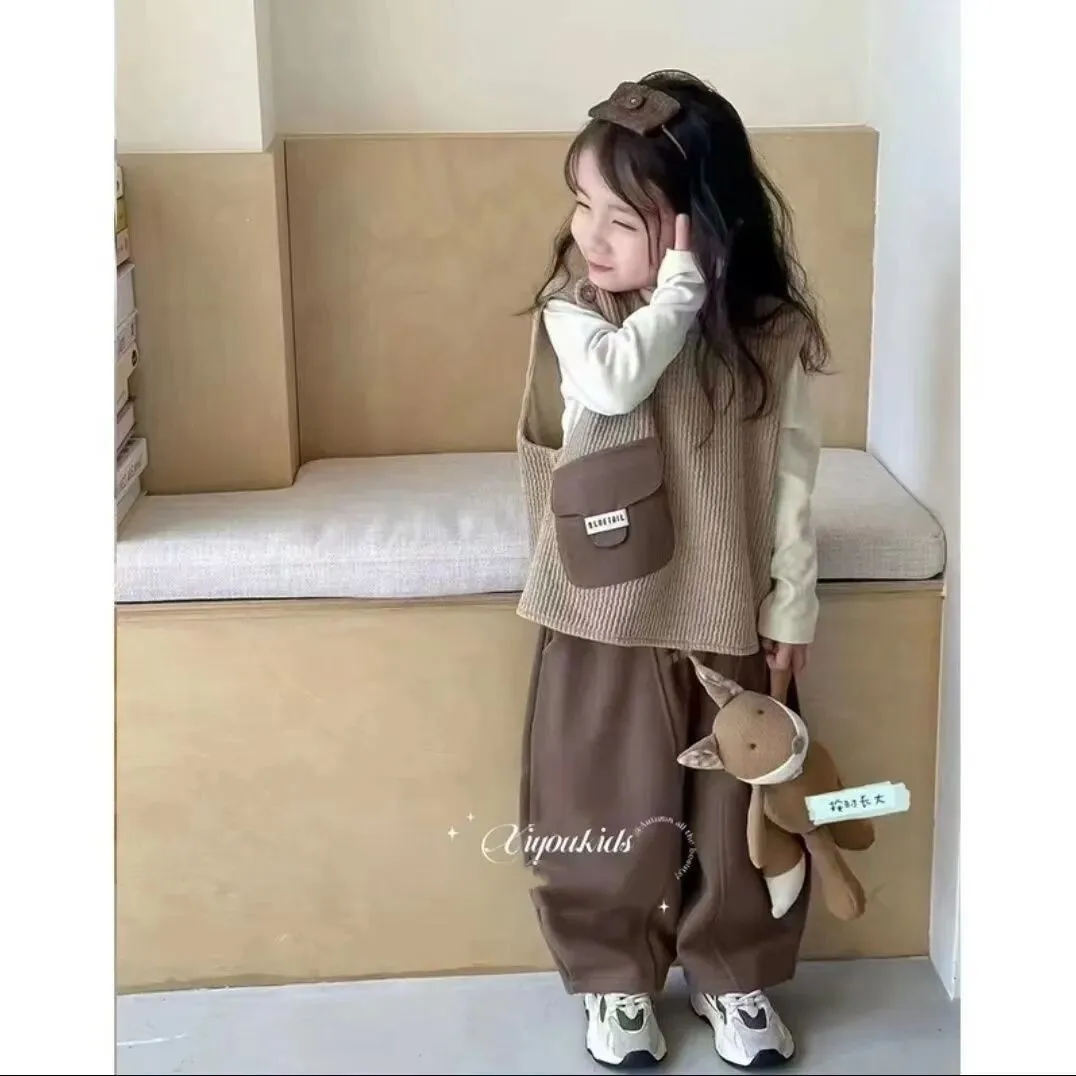 

90-150CM Girls' Set Autumn New Style Korean Edition Children's Vest Long Sleeve T-shirt Casual Pants 3PCS