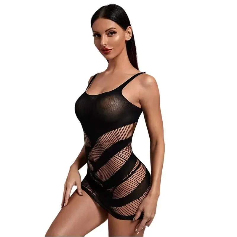 Zwart Sex Kostuum Vrouwen Transparante Mode Hol Halter Hals Strass Mini Vestido Sexys Kant Babydoll Visnet Mini Jurk