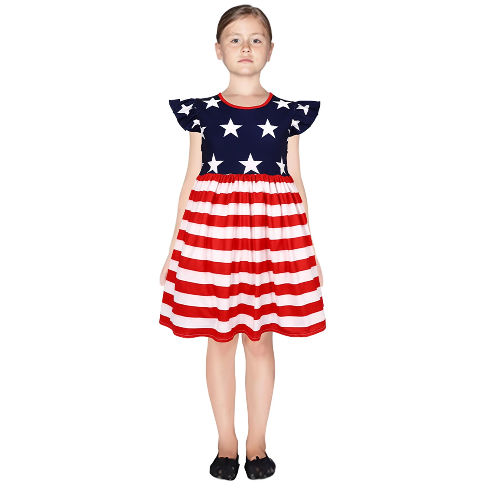 

Kids Girl American Flag Flying Sleeve Dress Kids Star Striped Dress Independence Day Patriotic Stage Performance Dress
