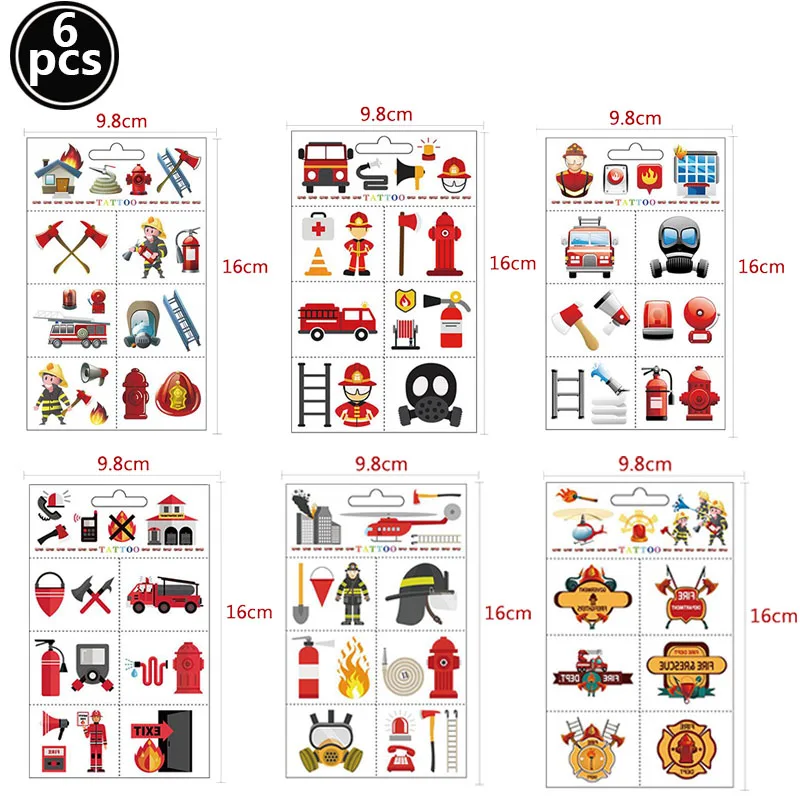 6 Sheets/set Fire Birthday Decorations Temporary Tattoo Stickers Fireman Sammy Firetruck Decor Fire Theme Party Supplies