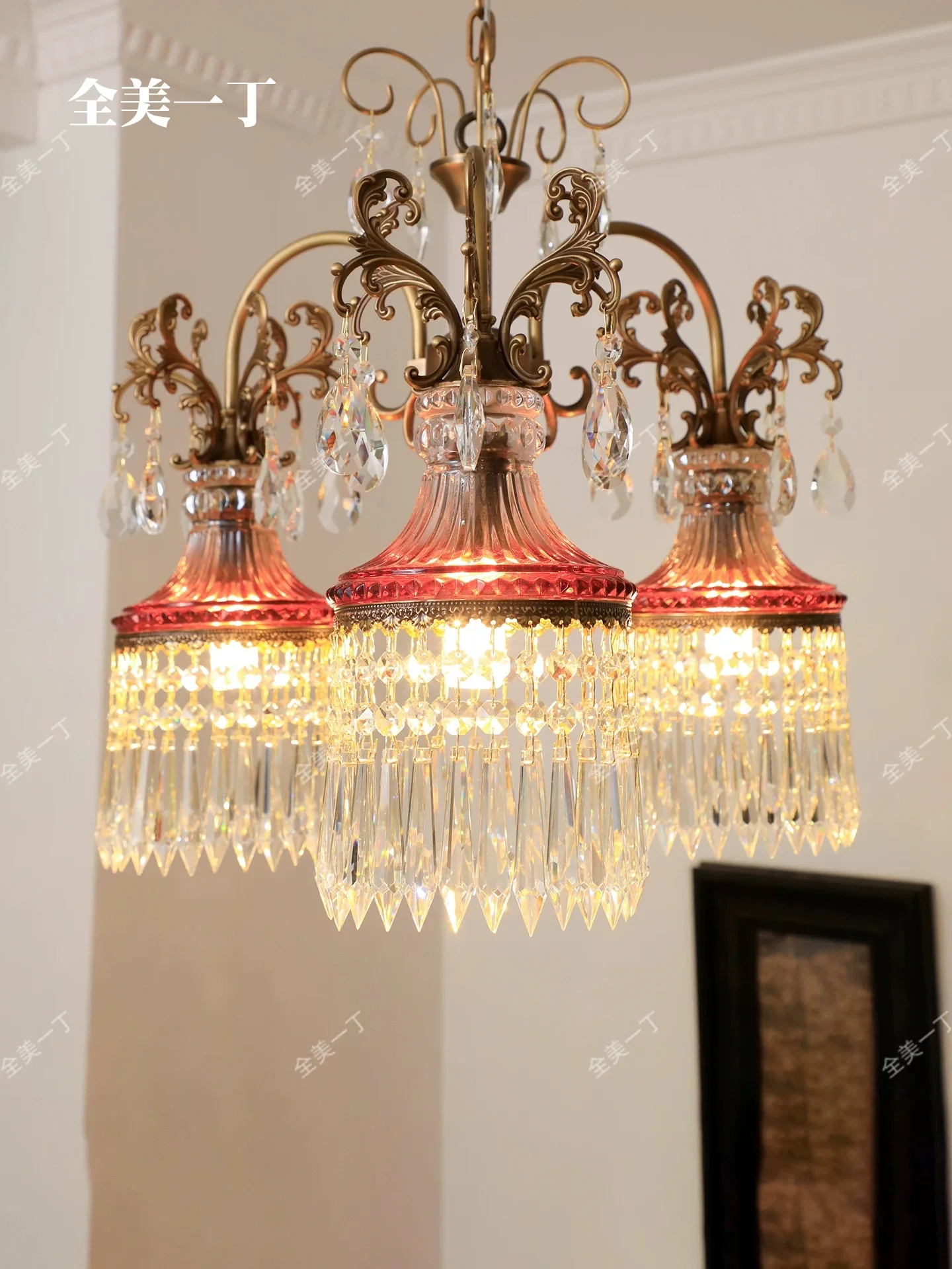 French atmosphere, vintage wine glass, all copper bedroom, bedside, living room, hallway, crystal chandelier