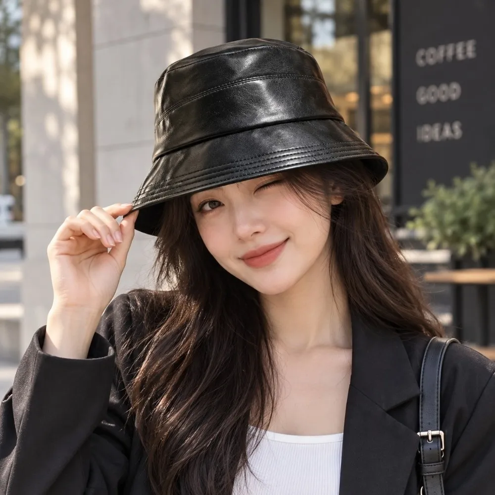 Fashion Solid Color Sun Bucket Hat Lightweight Vintage Style Wide Brim Hat Versatile Packable PU Leather Hat For Women