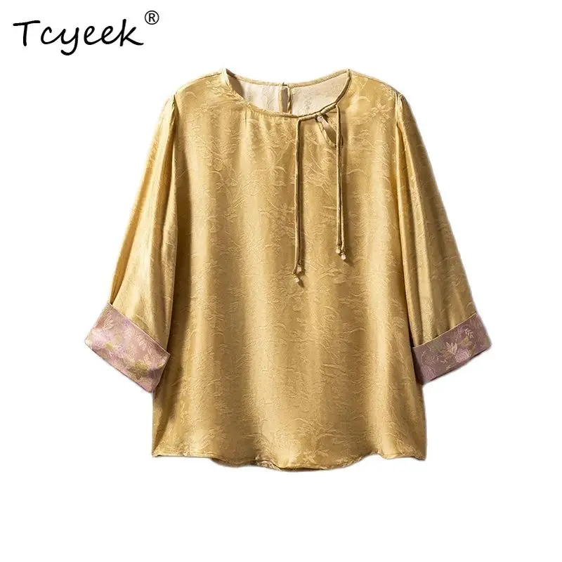 

Tcyeek, 30%Natural Silk Elegant Shirt, Women Round Collar Jacquard, Fashion Chinese Blouses, 2024 Autumn Winter Tops T48057QM