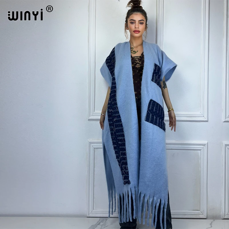 WINYI originate Winter Africa Denim embroidery cardigan tassels abaya dubai luxury OverCoat jacket coat muslim women dresses