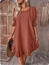 Vacation Loose Dress Women Round Neck Pleated Solid Color Short Sleeved Dresses Fashion Party Dress