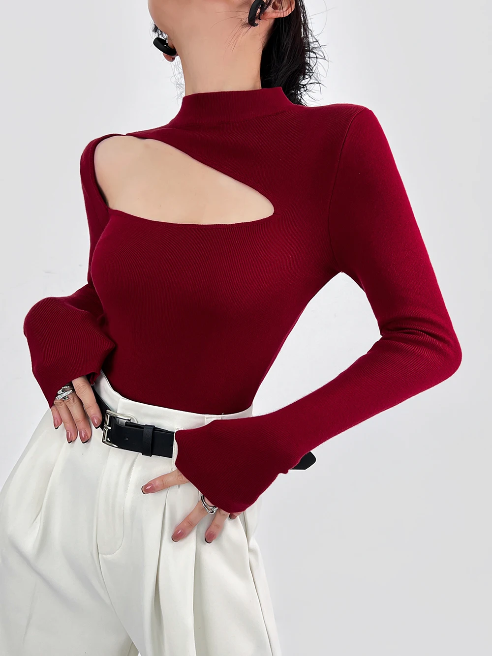 

Женский вязаный топ Double Z с вырезами Long Sve и высоким воротником, облегающий базовый слой, внутренняя одежда, мягкий ...