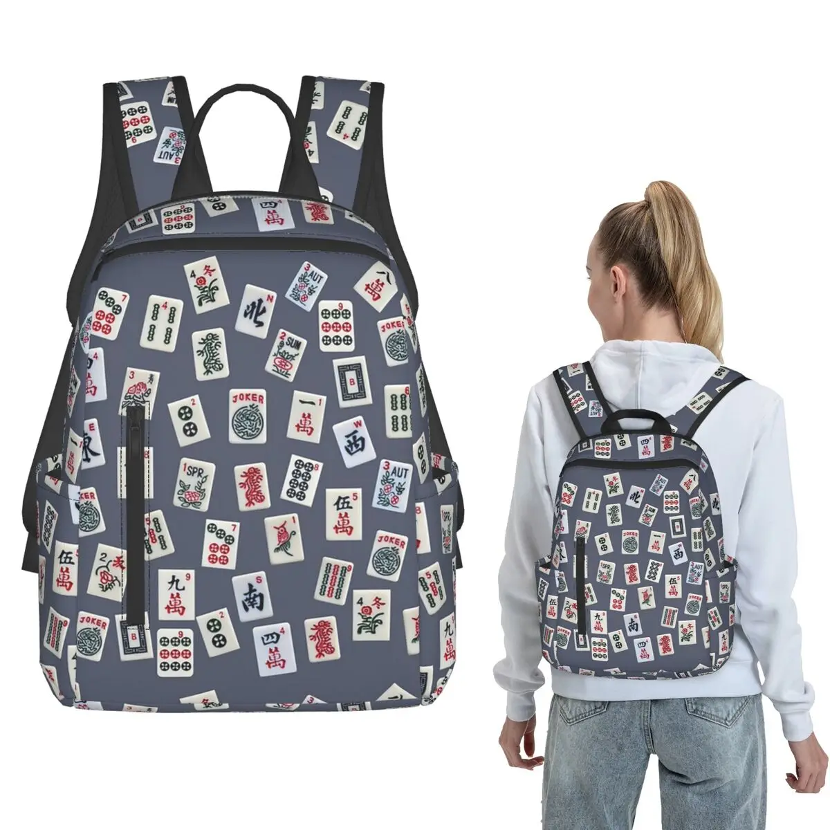 Mahjongg Game Tiles Design On Blue Color Backpack Large Capacity Boys Girls BookBag School Bag Shoulder Bags for Men Women