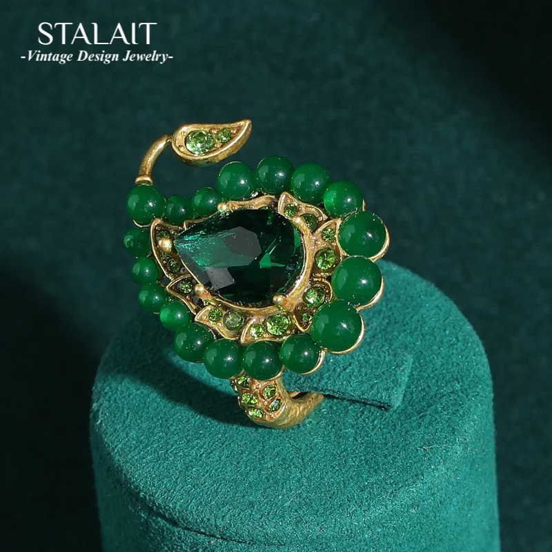 

Vintage Green Rings For Woman Agate Glass Peacock Feather Crystal Luxury Quality Jewelry 2025 Valentine Day Gift Accessories