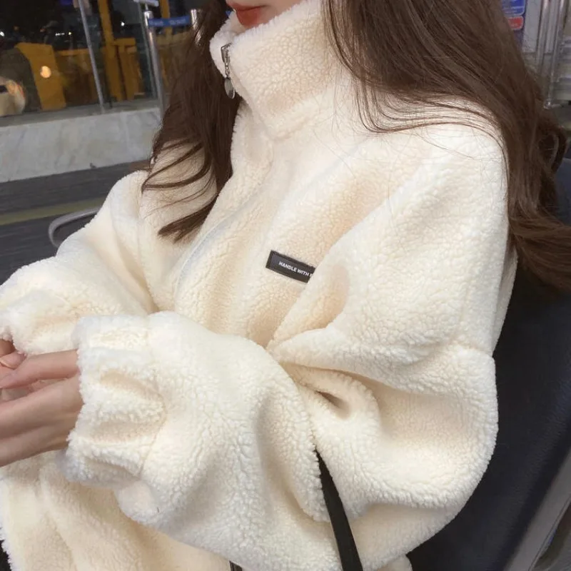 Women Zip Up Lamb Wool Jacket Winter Thicken Fleece Jacket Korean Solid Color Streetwear New Baggy Warm Coats Y2k Hoodie 여성가을의류