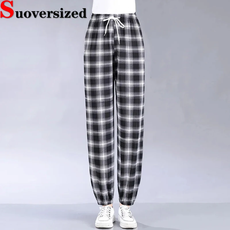 

High Waist Plaid Jogger Pants Baggy Casual Women's Pantalones Summer Thin Ice Silk Spodnie Lace Up Mom's Harem Trousers 2024