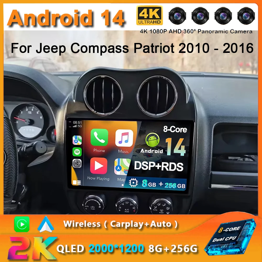 For Jeep Compass Patriot 2010 - 2016 2K QLED Android 14 Car Radio Multimedia Video Player GPS AI Voice 4G CarPlay Head Unit