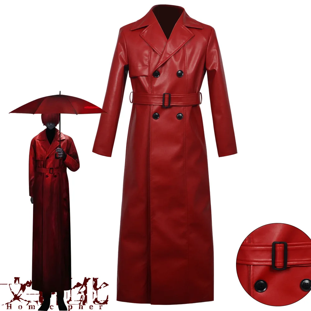 

Red Umbrella Man Cosplay Costume for Game Homicipher Halloween Party Role Play Clothes Men Leather Jacket Coat Belt Outfit