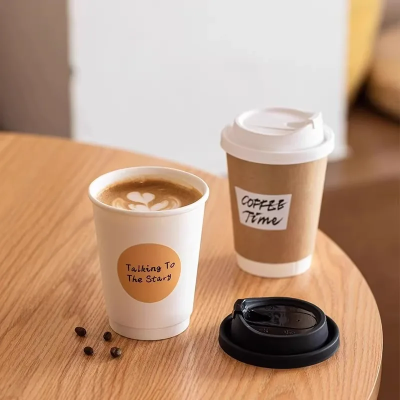 Disposable Double-layer Paper Cup Coffee Latte Cold Drink Hot Drink Cup Thickened with Lid Disposable Paper Cup - view 3