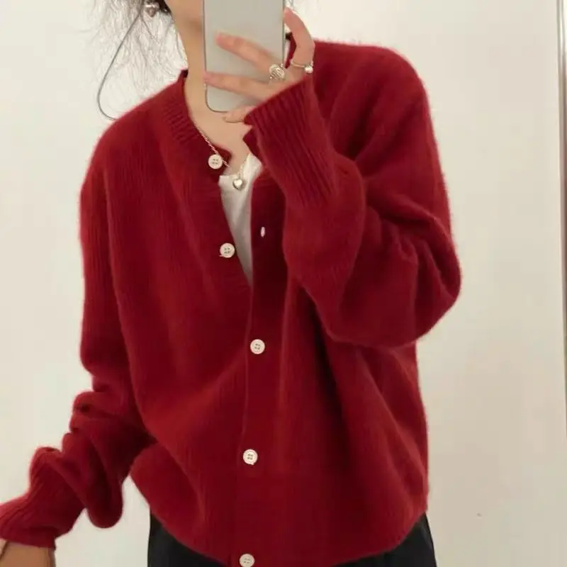 Fashion Joker Round Neck Knitted 100 cashmere cardigan women\'s spring and autumn lazy loose sweater bottoming wool coat