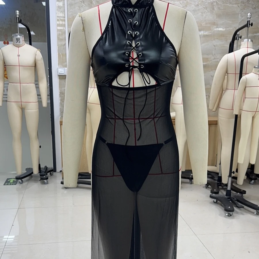 

Женский комплект нижнего белья с высоким разрезом и завязками на бретельках, с открытой спиной, без рукавов, с лямкой на шее, длинное платье Babydoll со стрингами, комплект из 2 предметов