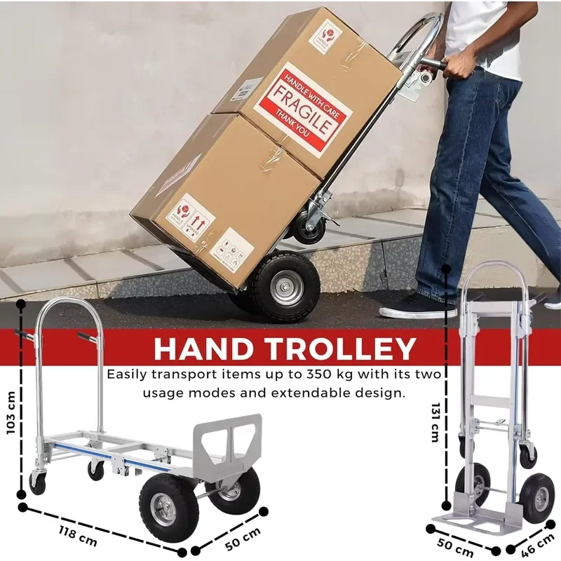 4-Wheel Convertible Aluminum Trolley 350 kg Load-Bearing Hand Truck/Cart for Warehouse Home-Use Convertible Wheelbarrow